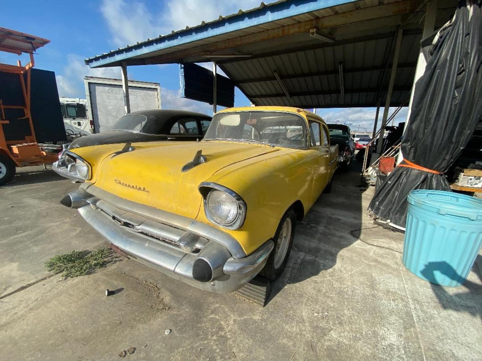 1957 Yellow /Tan Chevrolet 150 with an 327 V8 engine, 4 Spd transmission, located at 1687 Business 35 S, New Braunfels, TX, 78130, (830) 625-7159, 29.655487, -98.051491 - Sittin under a shed find!! 1957 Chevrolet 150 once in its life was running the drag strip. Miles unknown equipped with a 327 V8 paired with a 4 speed transmission within a shatter proof bell housing. Ready for total restoration - Photo #0
